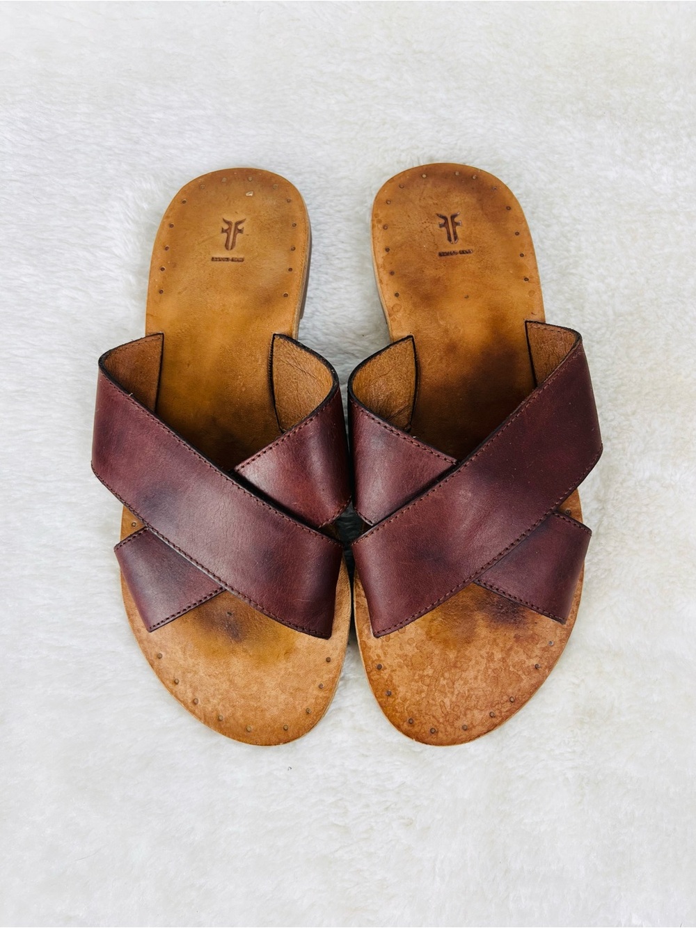 Frye Leather Cross-Strap Slide Sandals - Brown